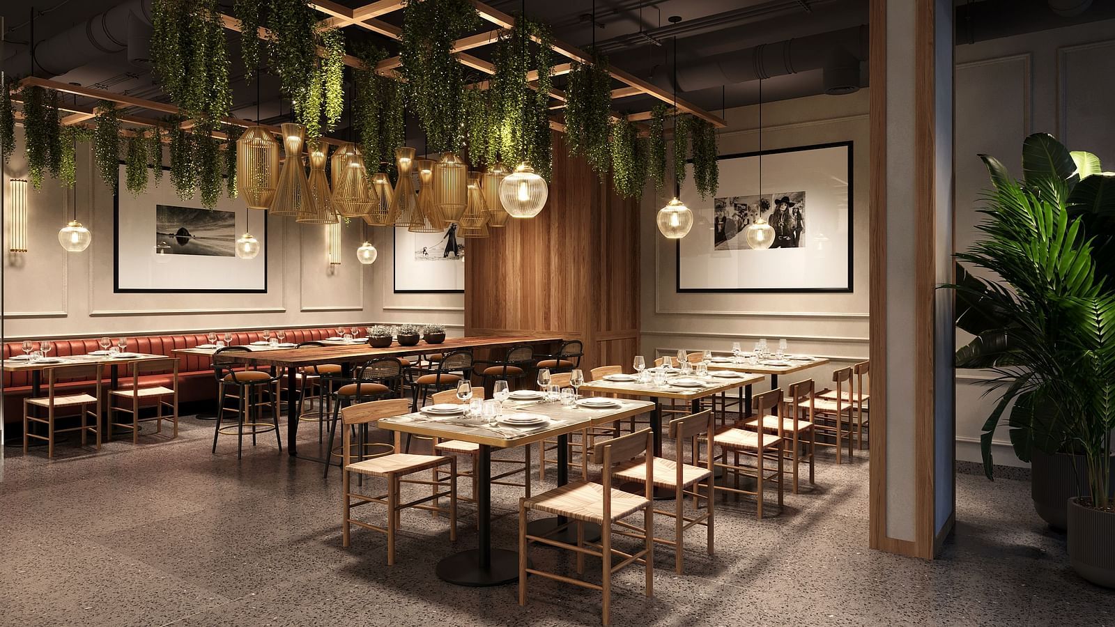 indoor seating arrangements inside Sky Club with chandeliers and art work on the wall - Rhythm Gurugram