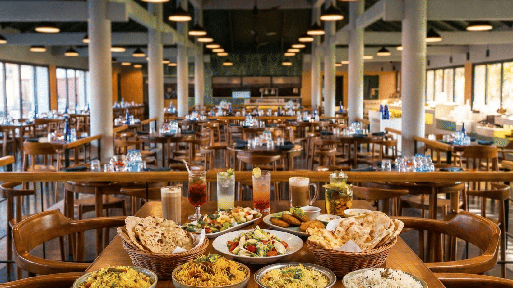 Grand buffet with multiple dishes and drinks at MGM Beach Resorts Chennai.