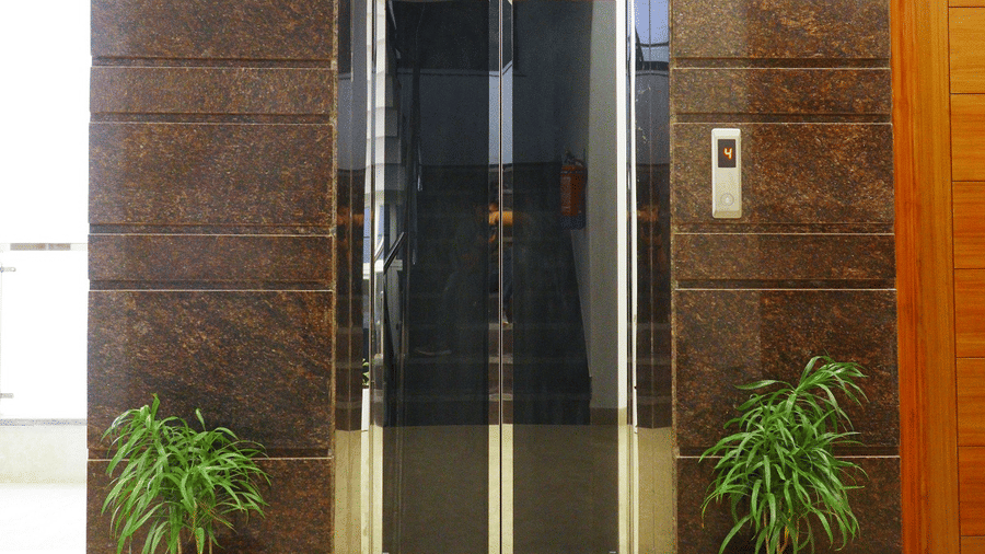 Lift lobby of Lime Tree Hotel, Pulkit featuring potted plants and marble flooring.