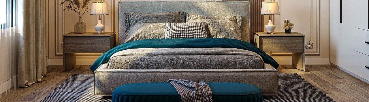 Luxurious bedroom with a king size bed, curtains, and designer lighting.