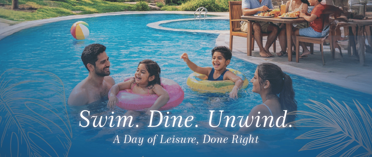 A promotional poster of Aamaghati Wildlife Resort showing families enjoying a swimming pool with children playing in inflatable rings while adults relax nearby, with a poolside dining setup and villa style buildings in the background.