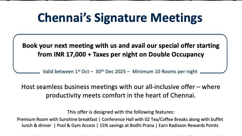 A stylish conference hall at Radisson Blu GRT Chennai with elegant lighting, rows of seating and modern decor showcasing the Chennai’s Signature Meetings offer.