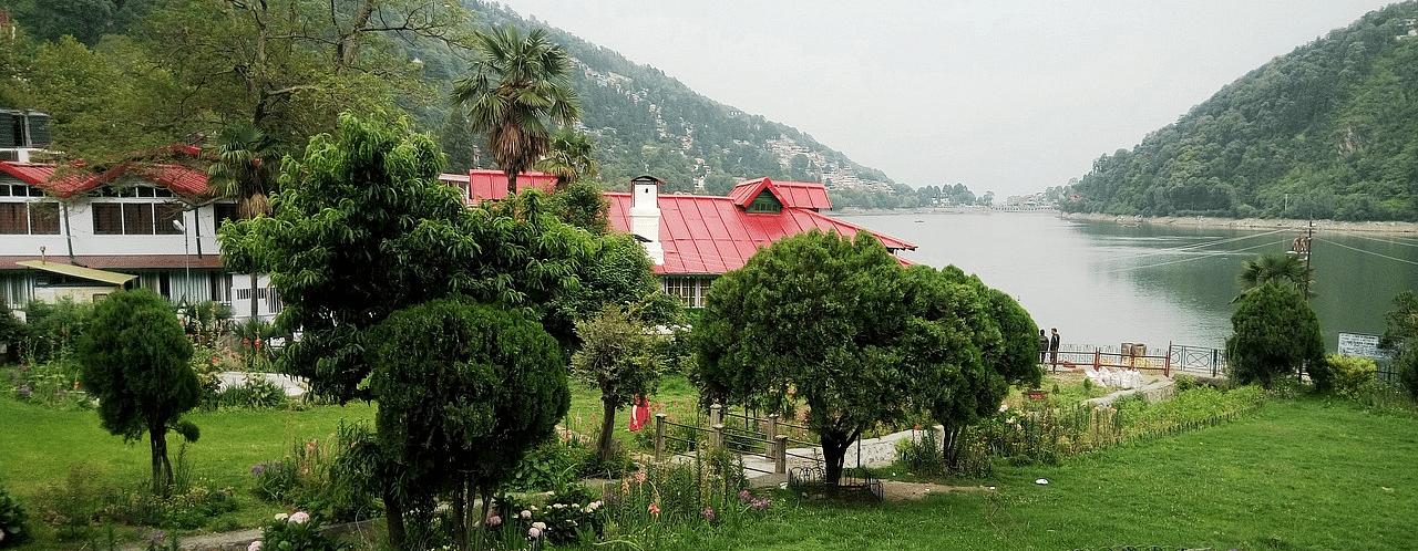 An image of a lake side with trees and plants around as well as a few houses and buildings
