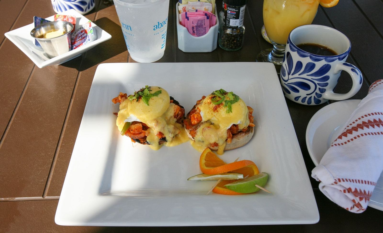 Breakfast with stuffed crepes, coffee, and juice on a table | Abaco Inn