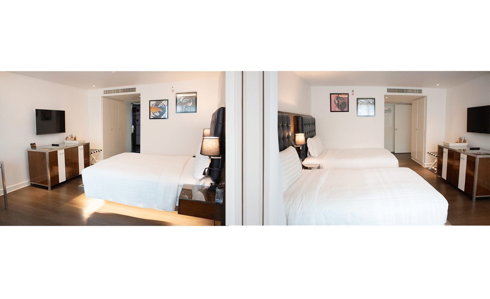 Guest room at Night Hotel Bangkok with twin beds and work desk.