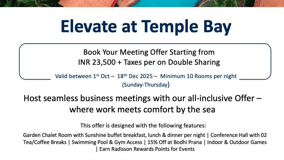 A vibrant aerial view of Radisson Blu Resort Temple Bay with palm trees, large pools and red roof cottages highlighting the Elevate at Temple Bay meeting offer.