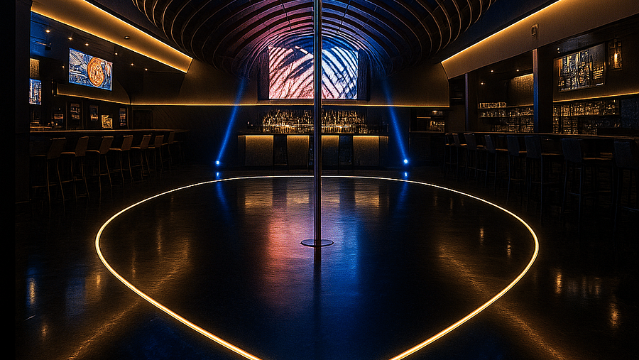 A stylish, dimly-lit restaurant interior with dramatic purple lighting and a modern bar setup.
