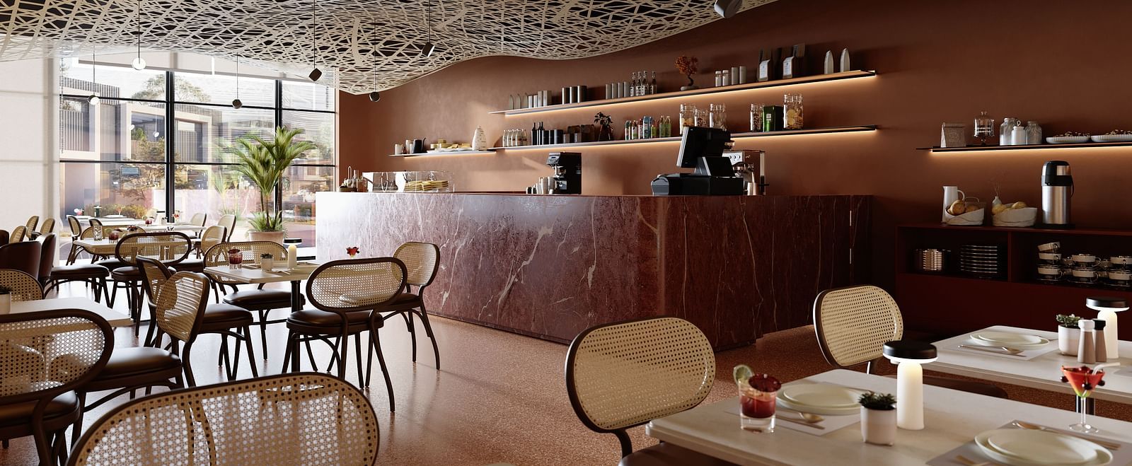 Comfortable dining seating at The Beak Bistro at The Pelican Hotel, Accra.