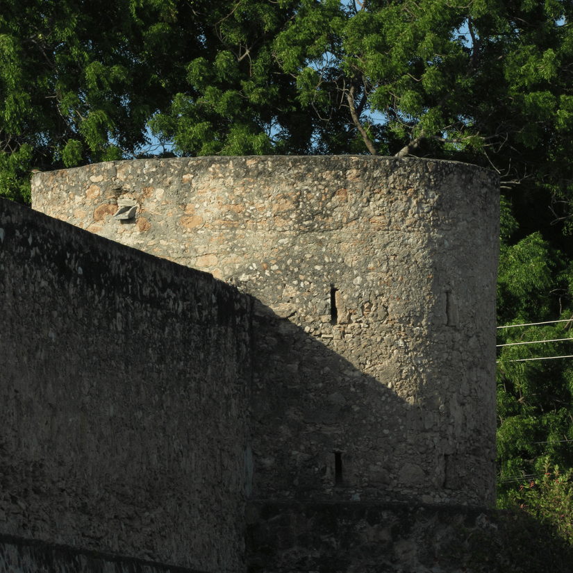 Curved stone fort wall rising through dense greenery, partially illuminated by sunlight filtering through surrounding trees