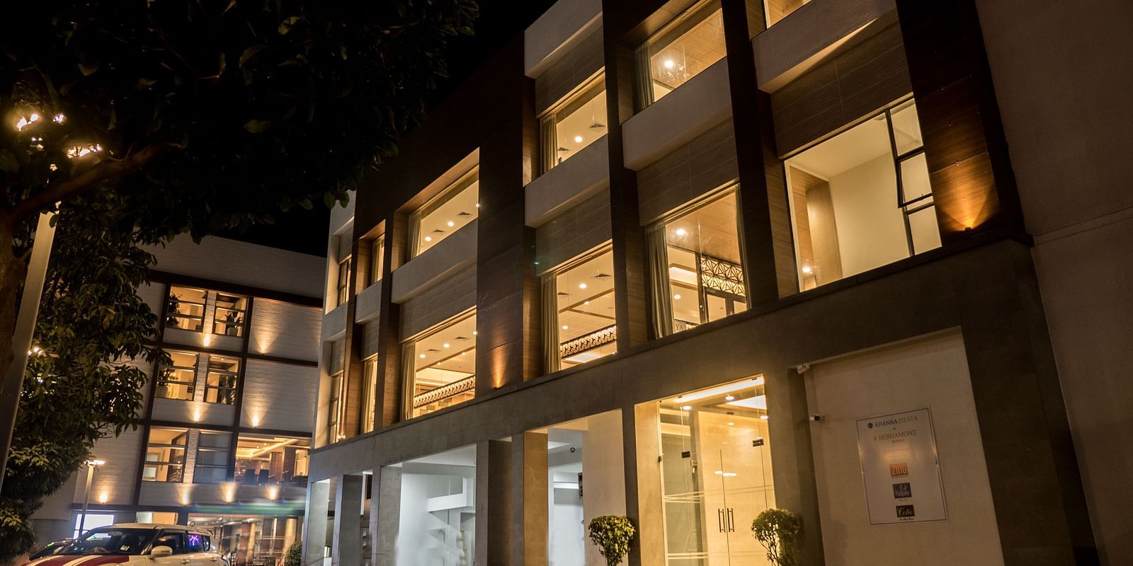 facade view of Khanna Fiesta, Vellore at night 