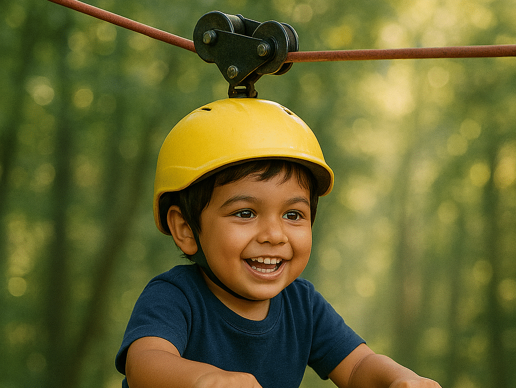 A toddler zip cycling amongst luscious green forest.