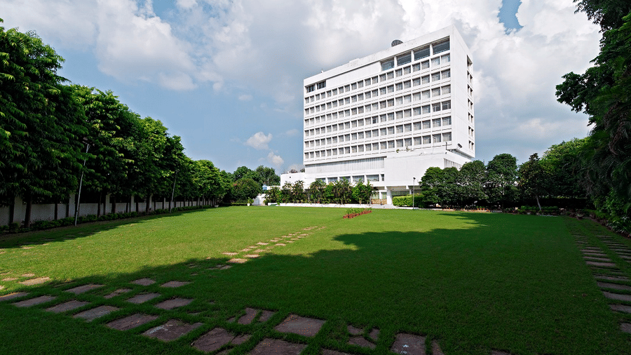 The main lawn at Clarks Avadh, a five star hotel in Lucknow, features its giant facade on a sunny day.
