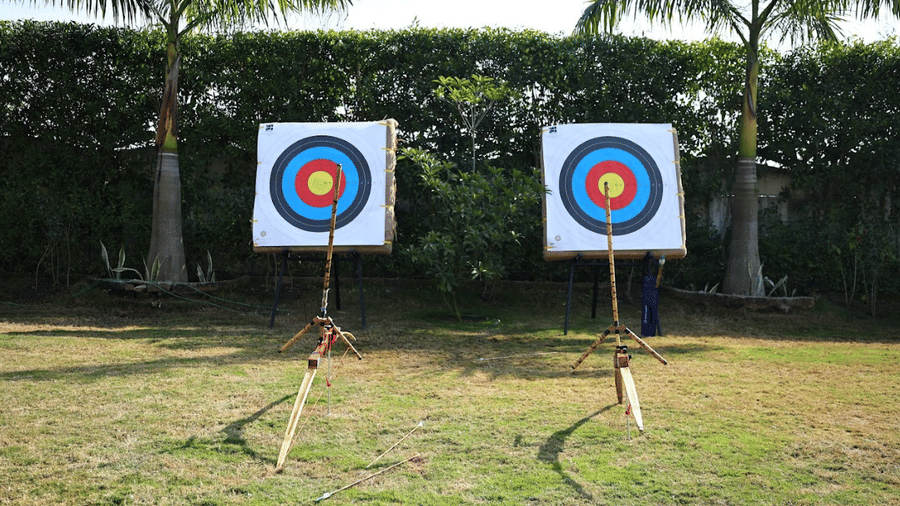 Two professional archery targets with bows and arrows set up on a grassy field lined with palm trees.