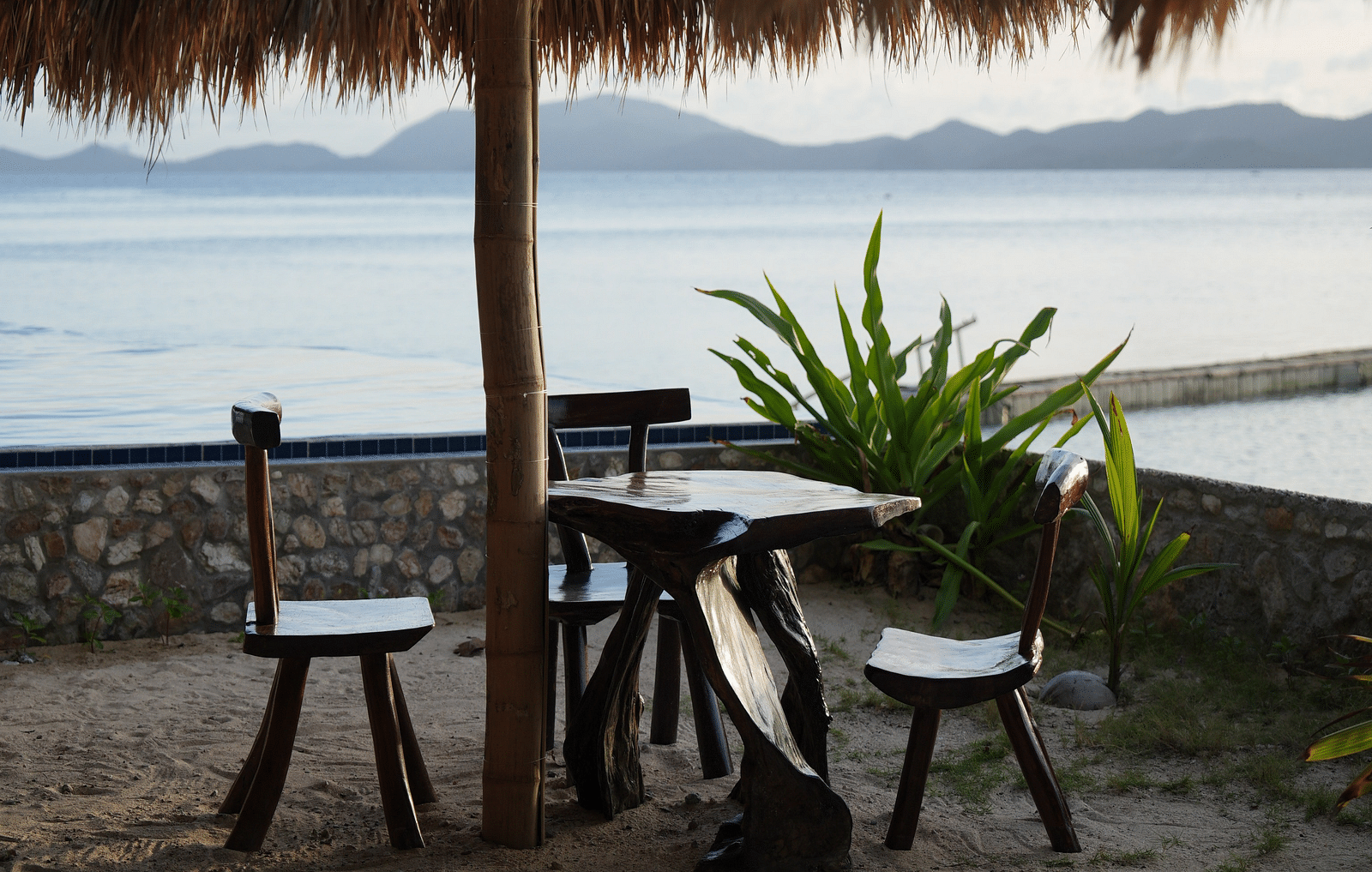 Thatched-roof beachfront seating area with ocean view and palm fronds.