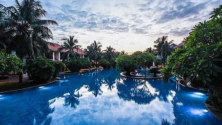 A view of the swimming pool surrounded by coconut trees and a cloudy sky in the background.