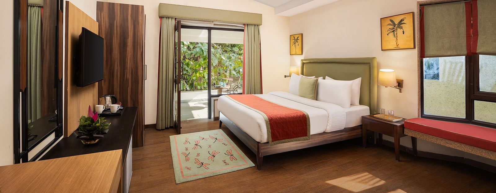 Luxurious hotel room with king-size bed, olive-green leather accents, TV, mirror, lamps, and seating for 2-3 - The Riverview Retreat, Corbett