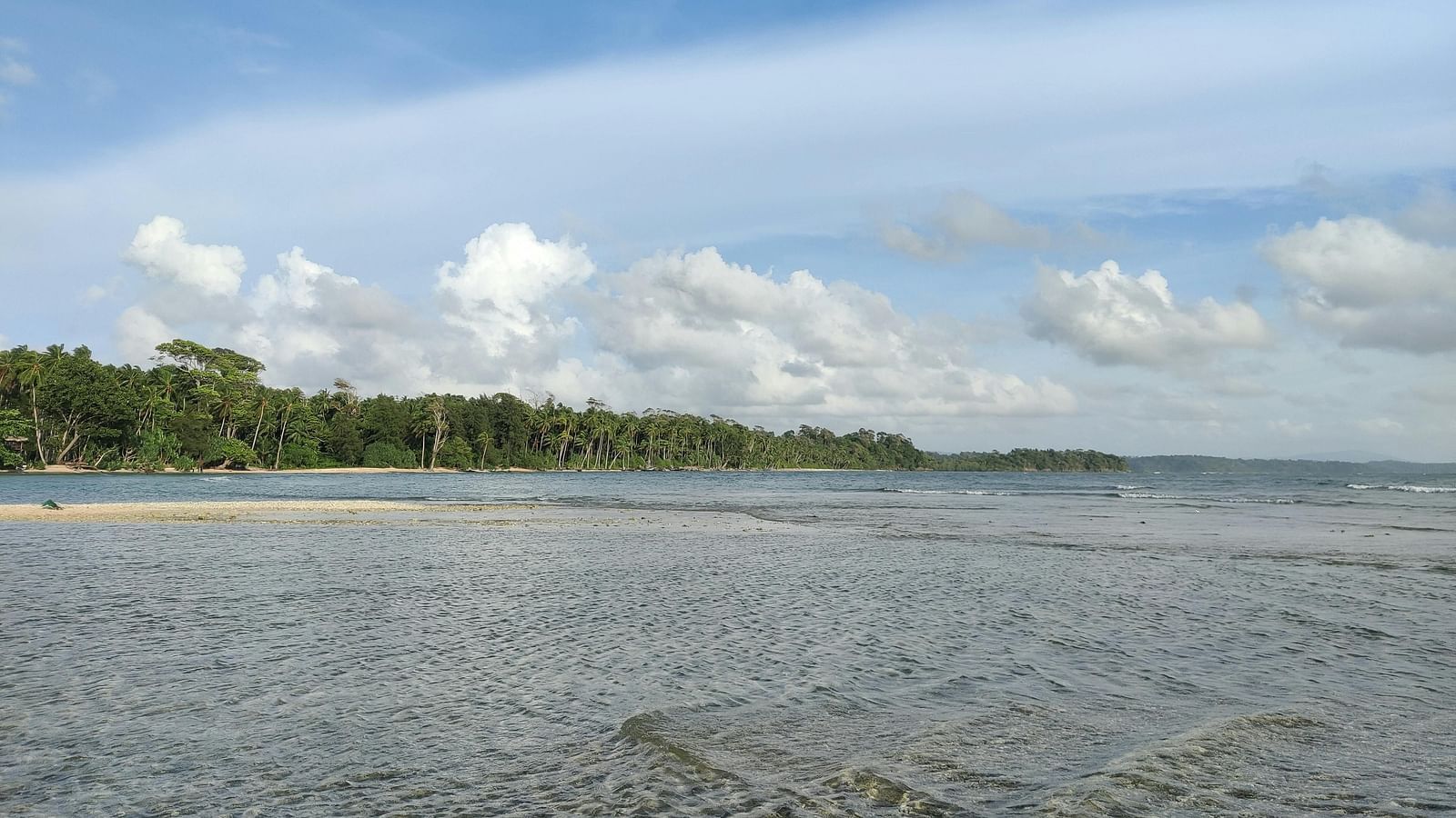 A peaceful stretch of shallow water gently meeting the sandy beach under a clear sky.