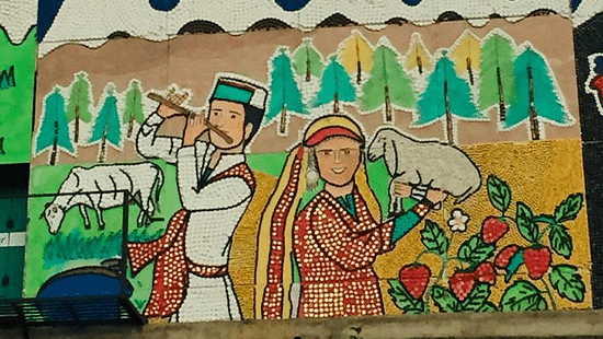 Art featuring a man and a woman in front of the snowy mountains - The Orchid Hotel Shimla