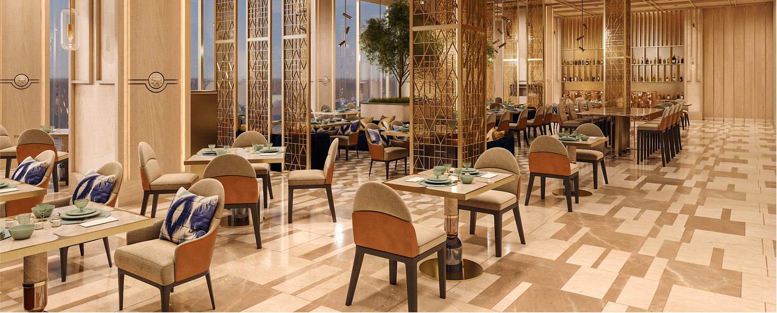 A hotel dining area with tables, chairs, modern flooring and ceilings