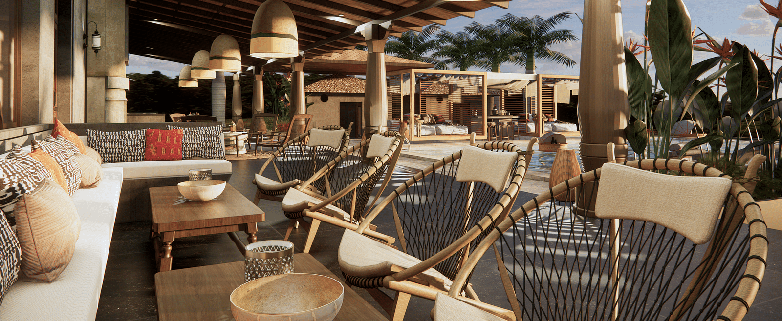 An outdoor lounge area with chairs, a sofa, hanging lights, and plants, under a covered patio - Rhino and River BluSalzz Collection, Pobitora