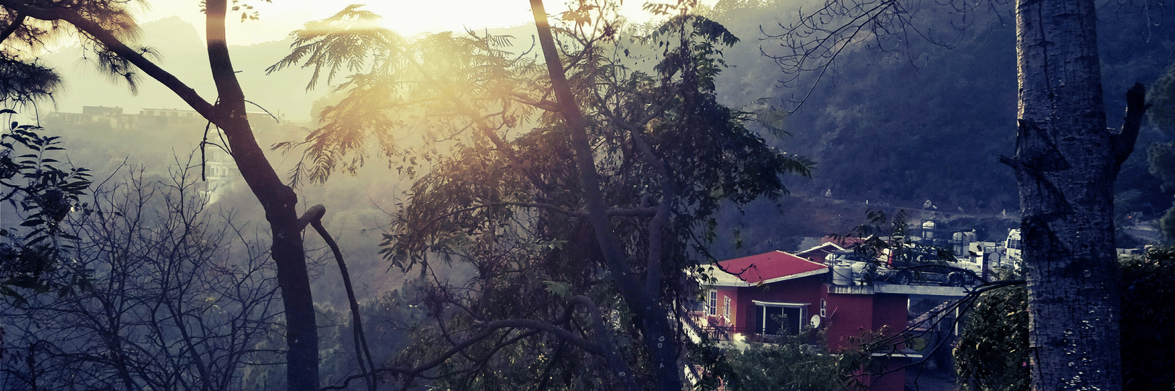 A scenic mountain valley viewed through tall trees, with sunlight filtering through the branches and houses nestled among the hills.