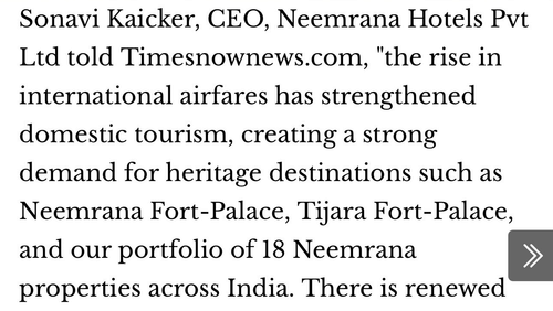 A media article from Times Now featuring an interview with Ms. Sonavi Kaicker, the CEO of Neemrana Hotels, discussing the changes in India's hospitality sector.