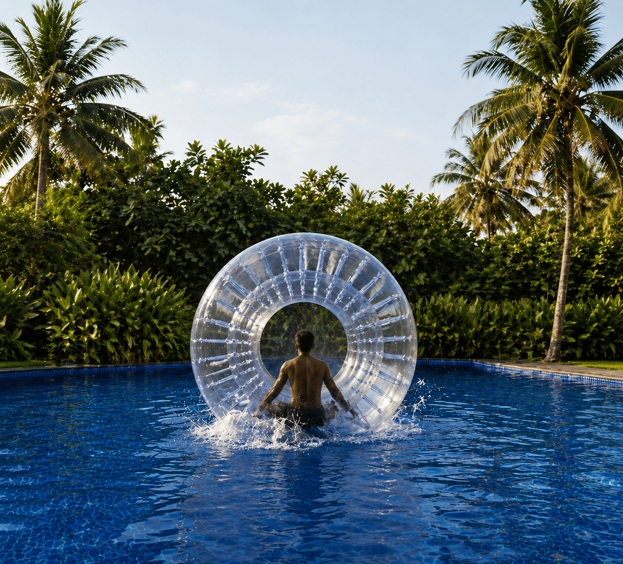 A person stands inside an inflatable zorb ball on the water of a swimming pool at MAYFAIR Palm Beach Resort, Gopalpur-on-Sea. Palm trees and hedges border the pool area.
