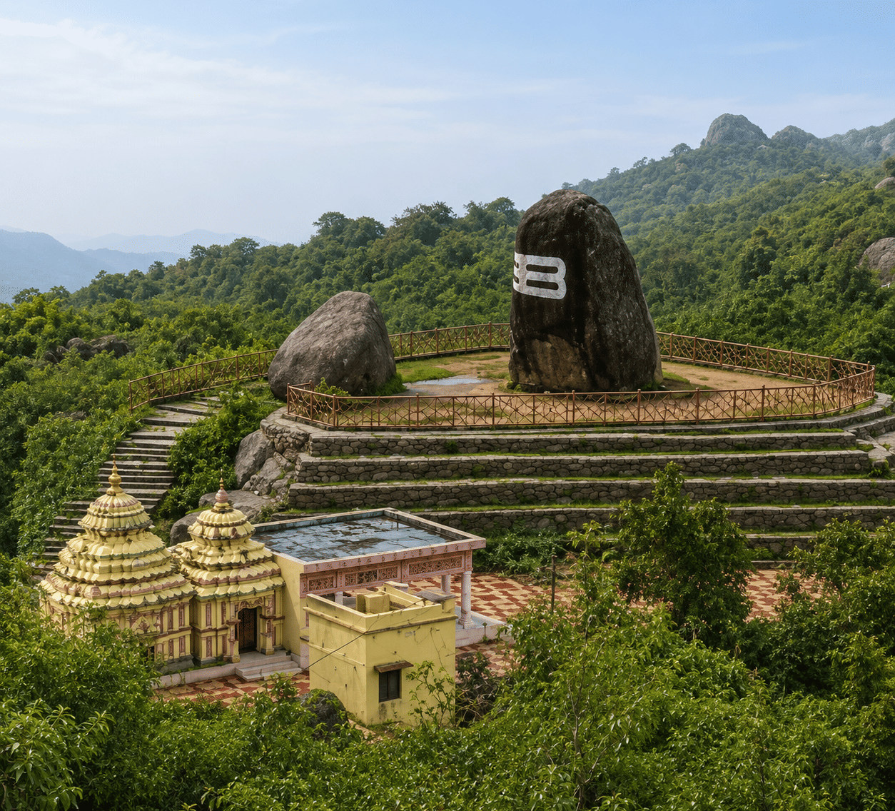 Balakumari Temple with yellow shikhara towers beside a large boulder marked in white on stone terraces, near MAYFAIR Palm Beach Resort, Gopalpur-on-Sea.