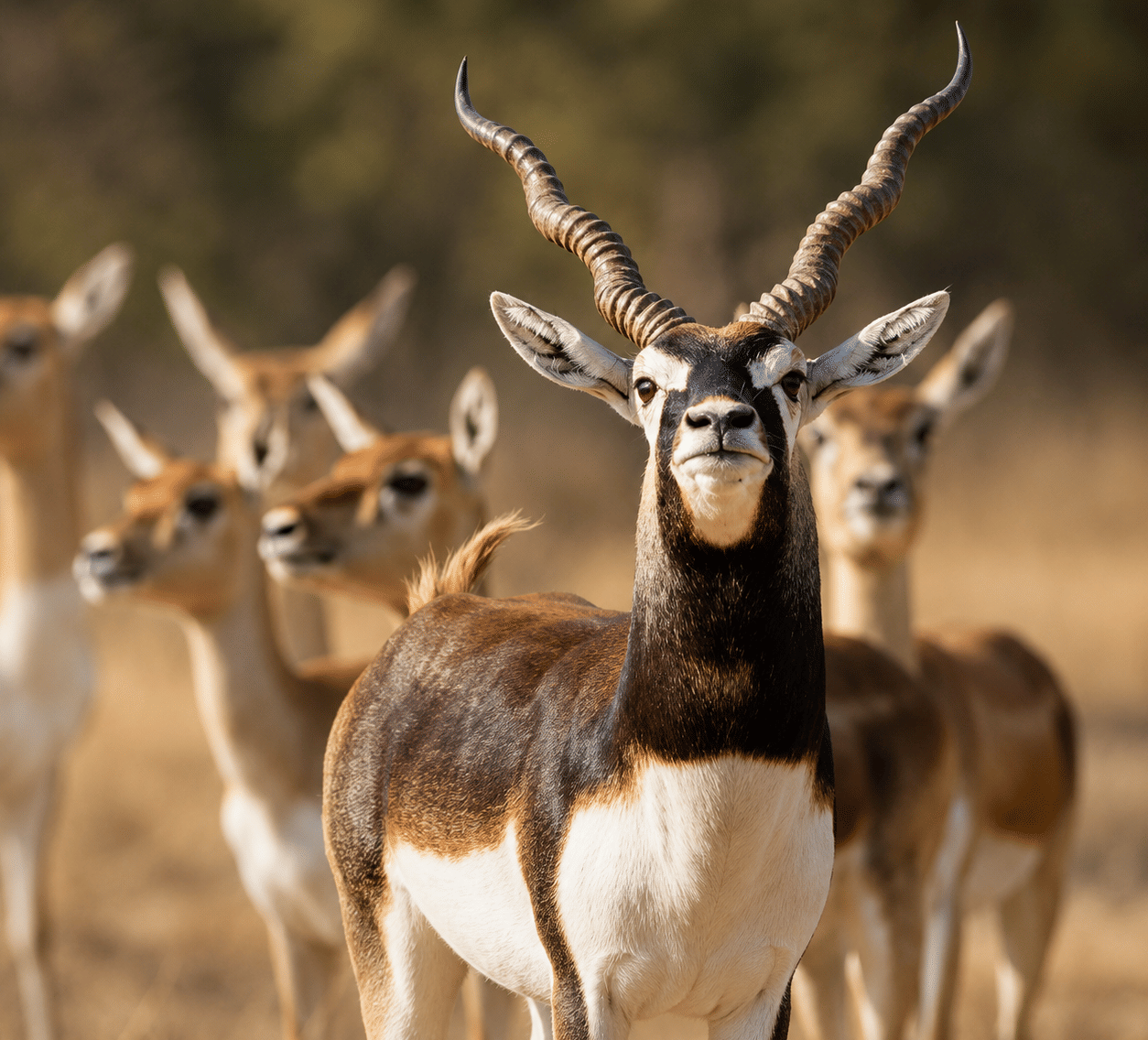 Male blackbuck with long spiral horns standing before a herd of females in the dry grasslands of Ganjam, near MAYFAIR Palm Beach Resort, Gopalpur-on-Sea.