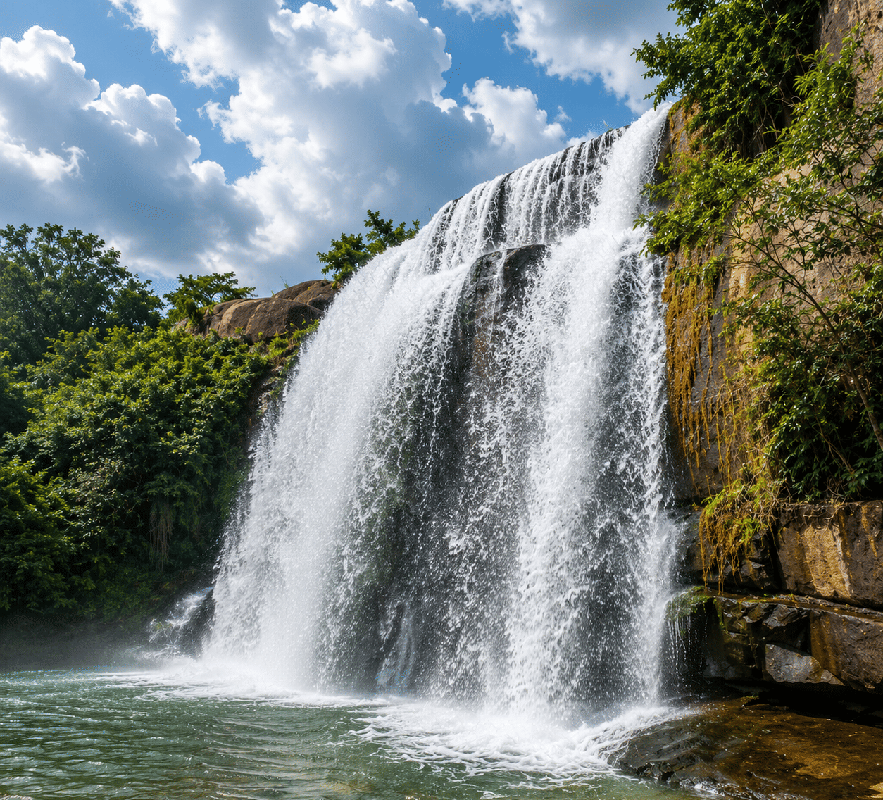 Gandahati Waterfall spilling over a wide rock ledge into a green pool edged by dense forest and boulders, near MAYFAIR Palm Beach Resort, Gopalpur-on-Sea.