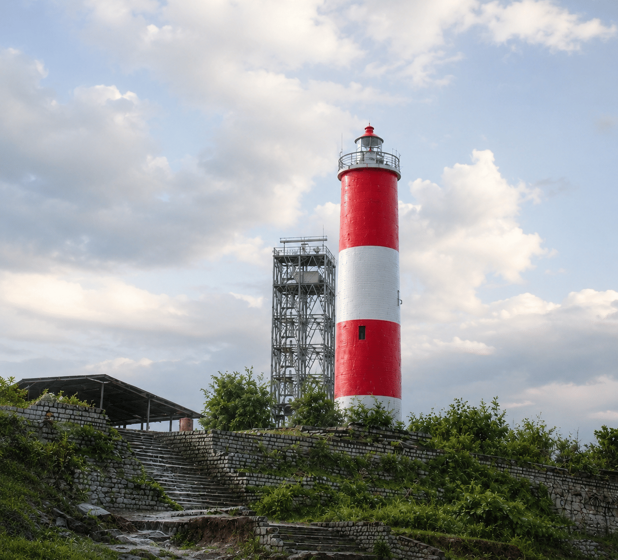 Red and white banded Gopalpur Lighthouse with a steel service tower, stone stepped terraces and shrubs, near MAYFAIR Palm Beach Resort, Gopalpur-on-Sea.