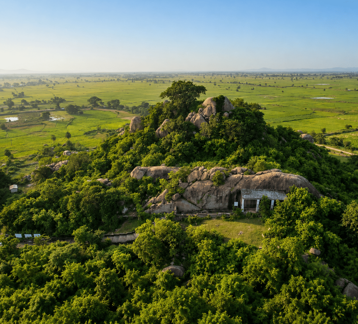 Aerial of the Jaugada archaeological site, a boulder-strewn hillock with a rock shelter amid paddy fields, near MAYFAIR Palm Beach Resort, Gopalpur-on-Sea.