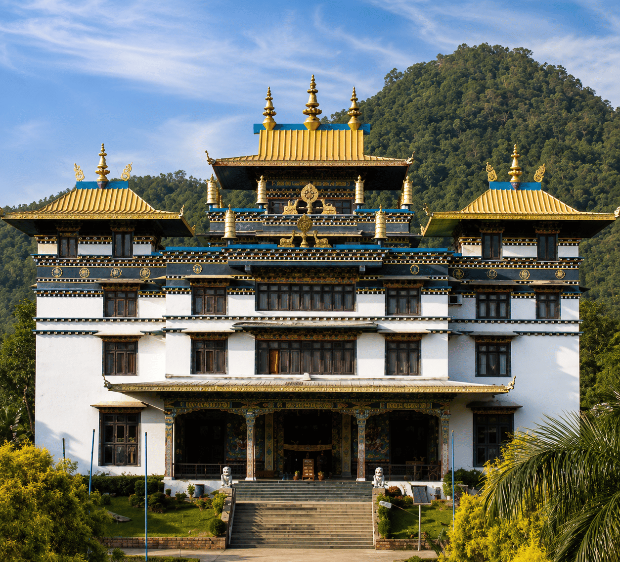 Jiranga Monastery with white walls, golden roofs, a painted entrance and stone lions below a forested hill, near MAYFAIR Palm Beach Resort, Gopalpur-on-Sea.