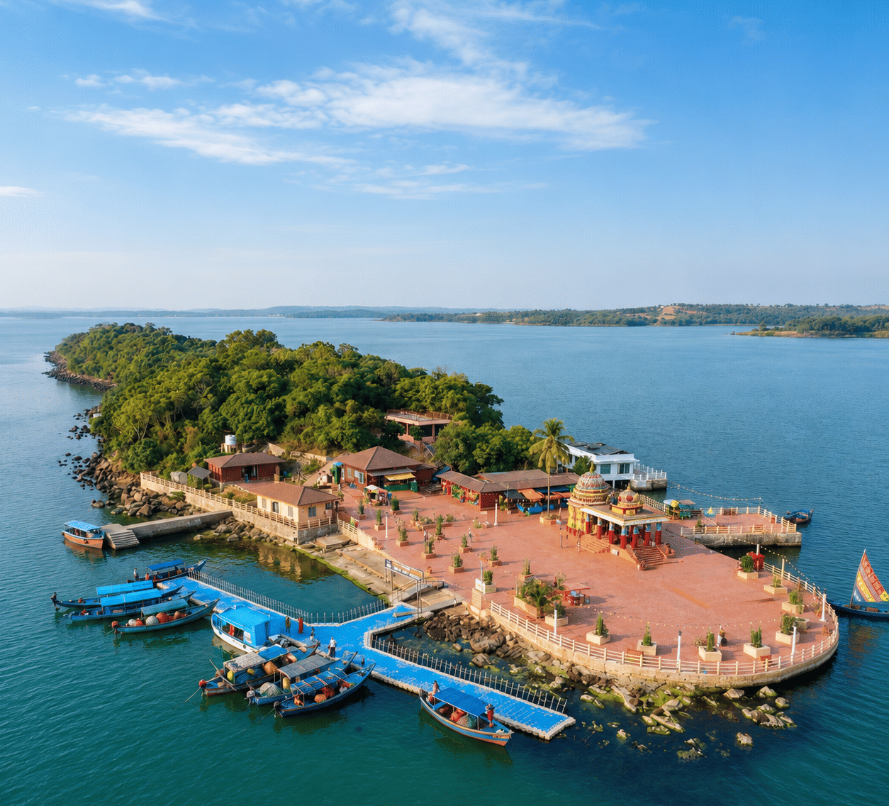 Kalijai Temple on its island in Chilika Lake with a paved plaza, floating jetty and moored boats, near MAYFAIR Palm Beach Resort, Gopalpur-on-Sea.