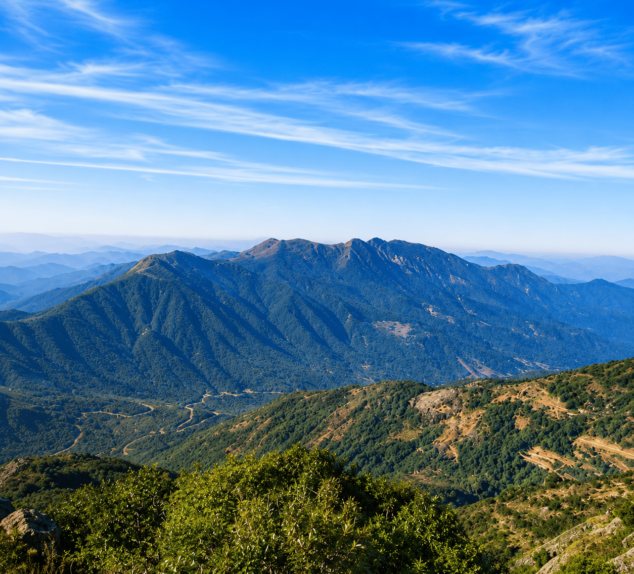 Forested ridges and winding hill roads of Mahendragiri in Gajapati district under a clear sky, near MAYFAIR Palm Beach Resort, Gopalpur-on-Sea.