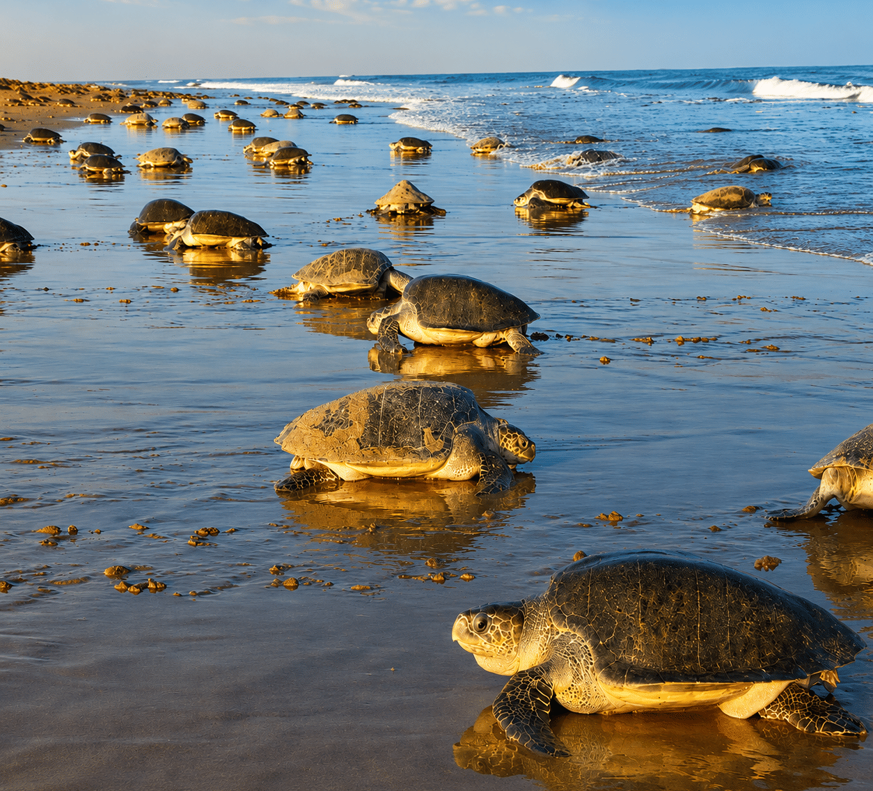 Olive ridley turtles crossing wet sand towards breaking waves, with many more along the shoreline behind, near MAYFAIR Palm Beach Resort, Gopalpur-on-Sea.