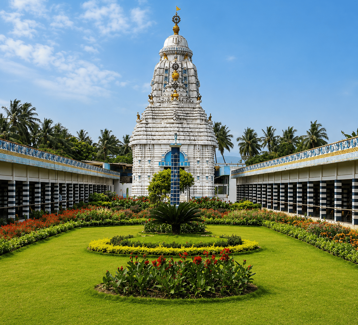 Siddha Bhairavi Temple with a white carved spire, striped colonnades and circular flower beds on a lawn, near MAYFAIR Palm Beach Resort, Gopalpur-on-Sea.