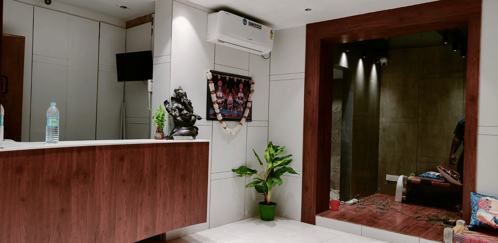 The hotel reception desk area with a dark wood counter, white walls, and a plant in the corner - Hotel Dolphin Puri