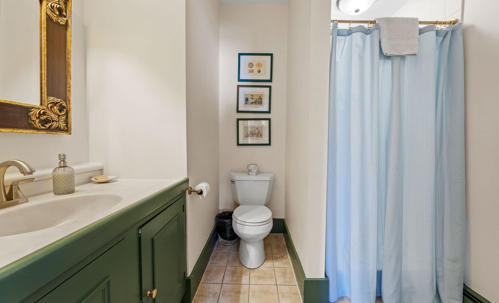 Bathroom with vanity, toilet, and blue shower curtain at Hartstone Inn
