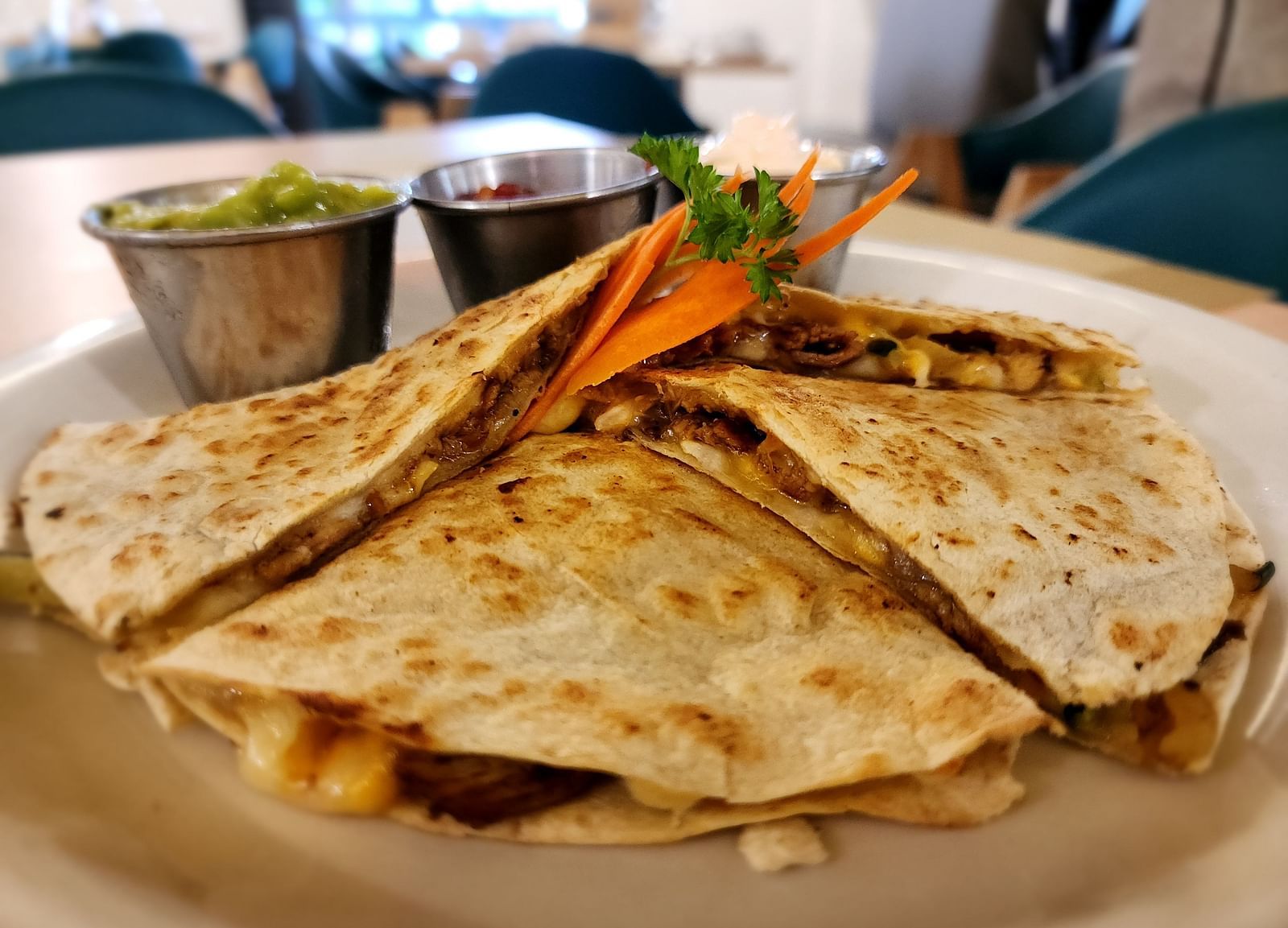 Cheesy quesadilla paired with salsa and guacamole - Hotel 39, Jamaica