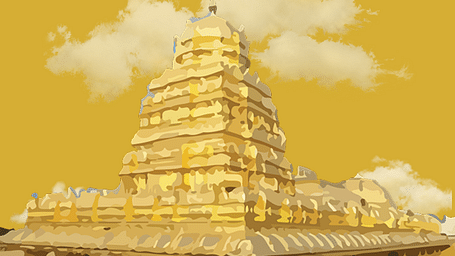 A golden temple building with a towering gopuram under a bright, cloudy yellow sky.