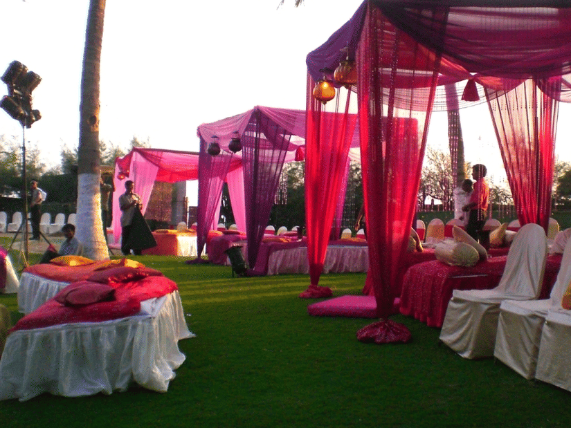 An outdoor event setup with pink and purple fabric canopies, white-covered chairs, round tables, and palm trees in the background.