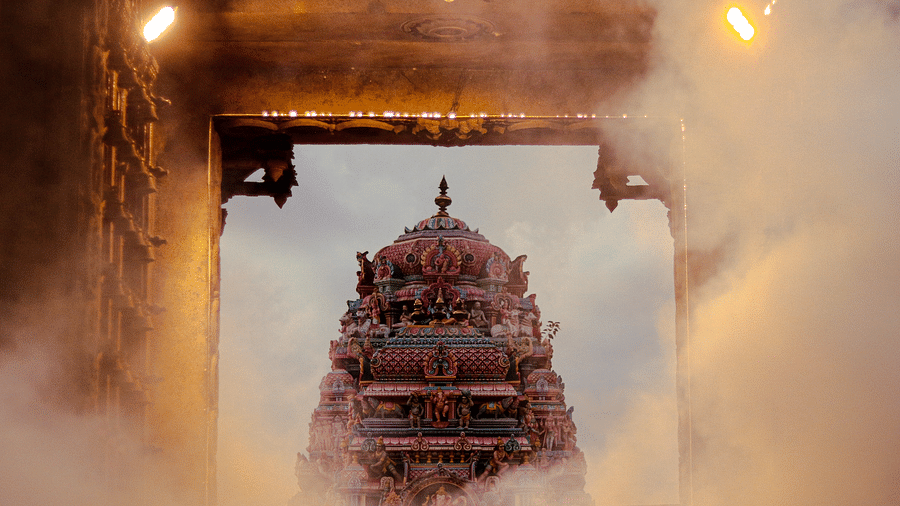Temple facade in Chennai as seen from inside another building