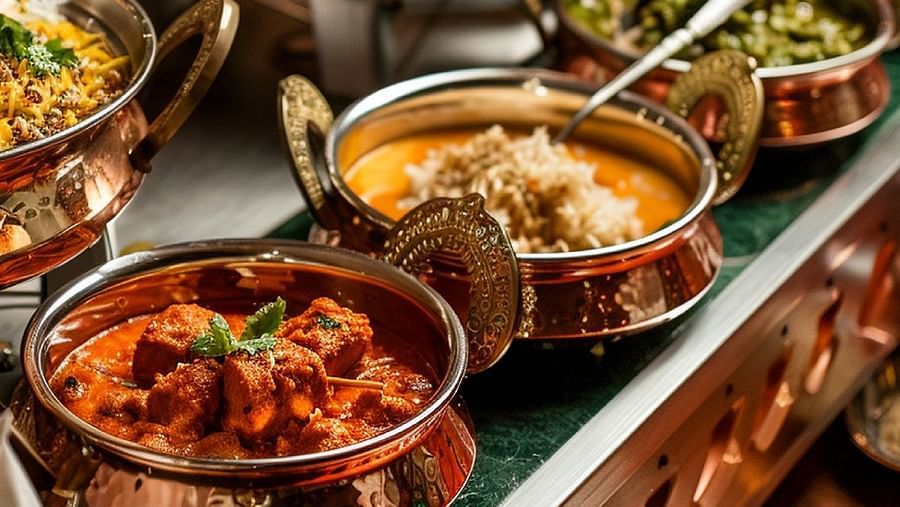 Delicious Indian cuisine spread with various curries and breads