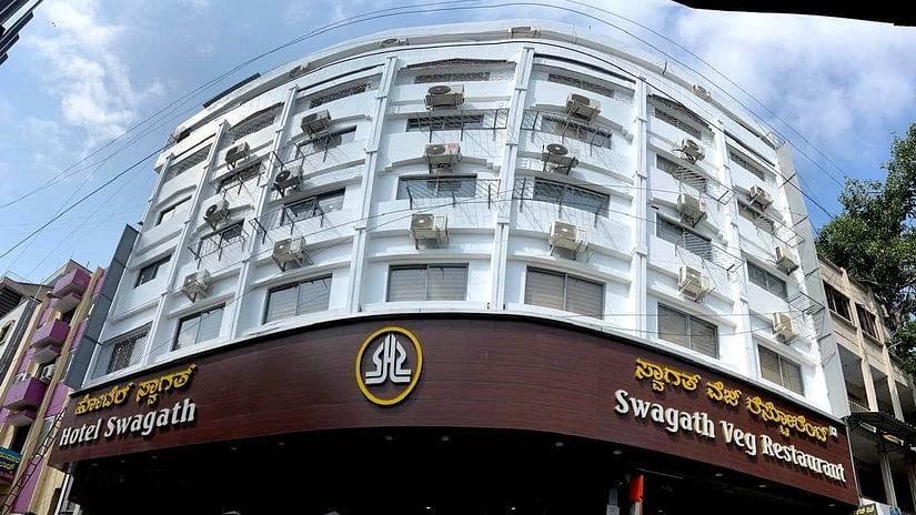 Hotel Swagath, Bangalore facade under a blue sky