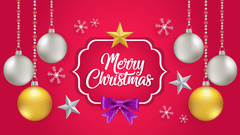 Merry Christmas creative with hanging ornaments in silver, gold, and red against a festive pink background with stars and snowflakes