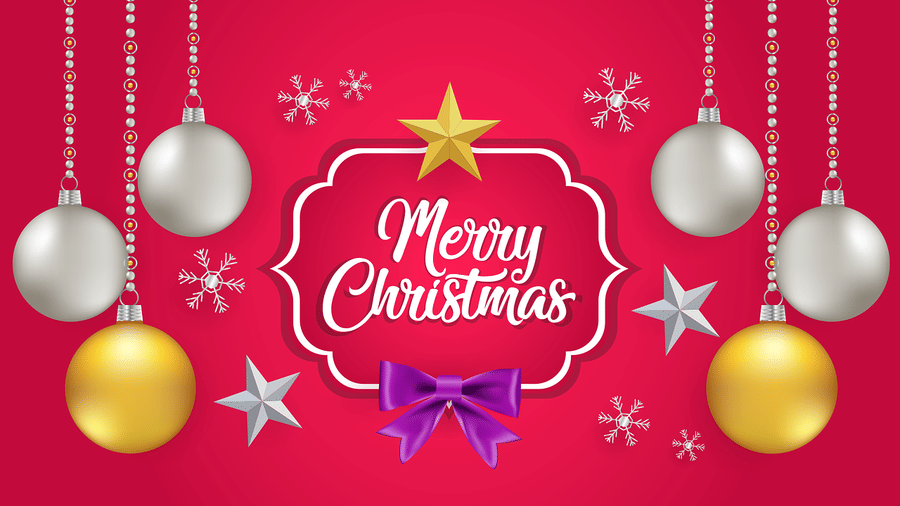 Merry Christmas creative with hanging ornaments in silver, gold, and red against a festive pink background with stars and snowflakes