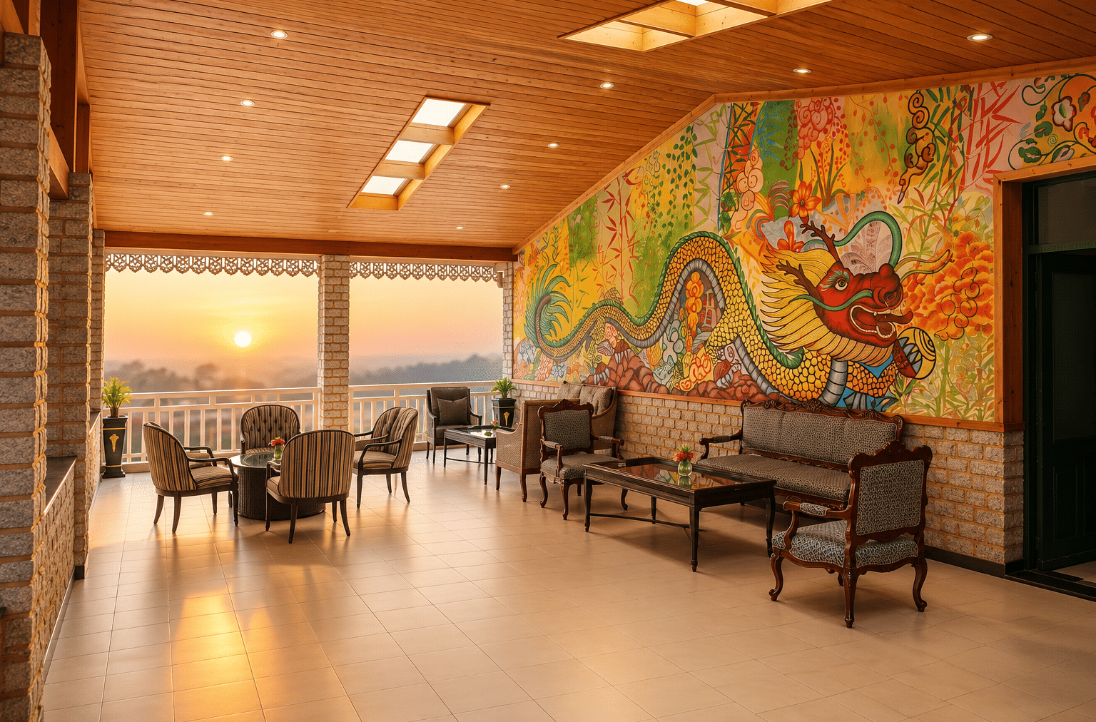 Sunset Point terrace with cushioned seating, a colourful dragon mural and a railing overlooking the valley at sunset at MAYFAIR Himalayan Spa Resort, Kalimpong.