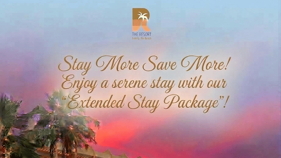 The Resort Mumbai Extended Stay Package featuring a beachfront resort at sunset, offering buffet breakfast and additional discounts on rooms for a minimum two-night stay.