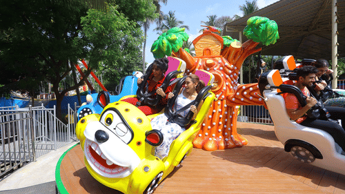 A forest-themed adventure ride with cars swirling around - Black Thunder